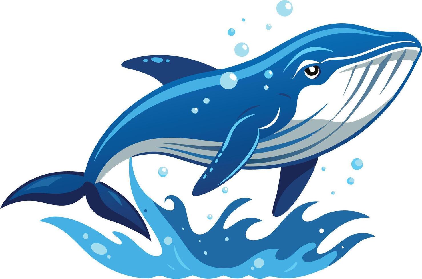 Blue Whale Swimming Gracefully Through Ocean Waves With Bubbles in a Vibrant Illustration vector