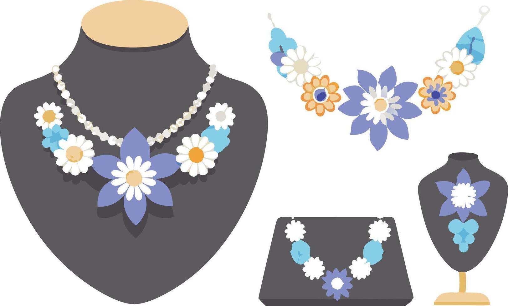 Floral-themed jewelry illustration featuring beaded necklaces displayed on different stands vector