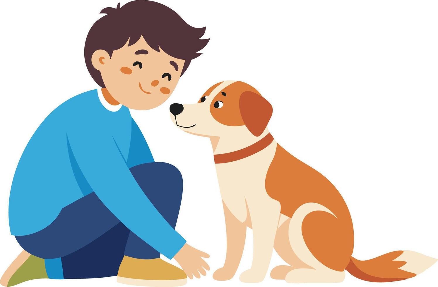 Young Boy Kneeling Down While Petting His Friendly Dog vector