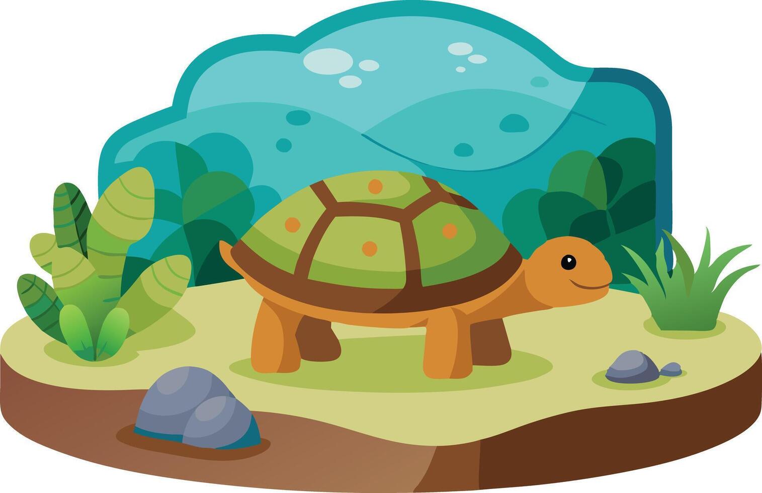 Colorful Illustration of a Happy Turtle Exploring a Lush Green Habitat Surrounded by Plants and Rocks vector