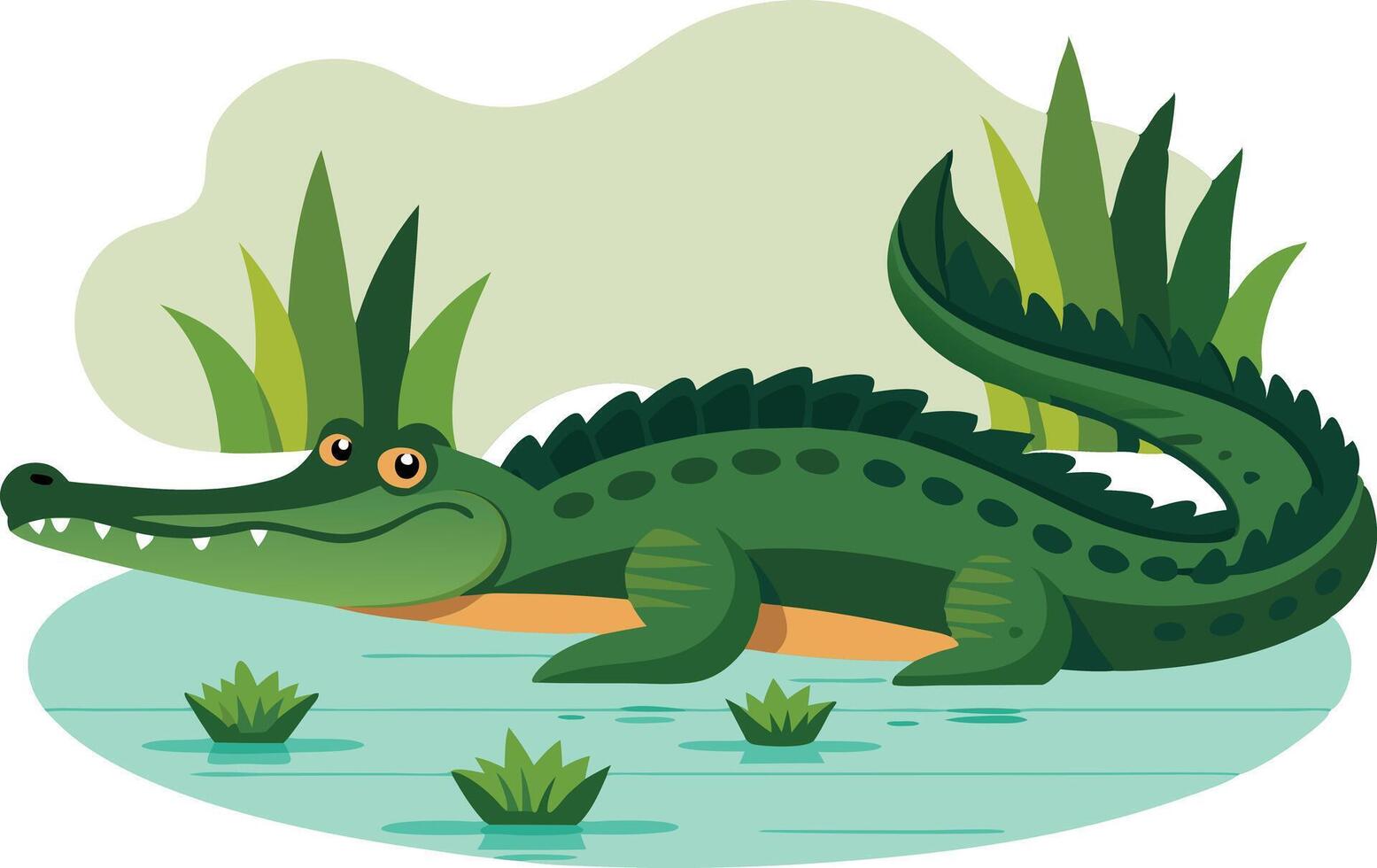 Cute Illustration of a Cartoon Crocodile Relaxing in a Shallow Pond Surrounded by Green Plants and Water Lilies vector