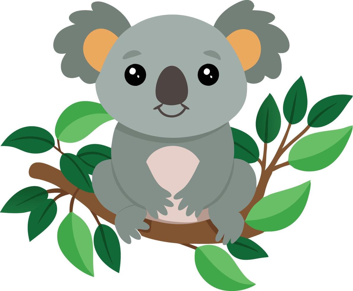 Cute Cartoon Koala Sitting on a Branch Surrounded by Green Leaves in a Forest Setting vector