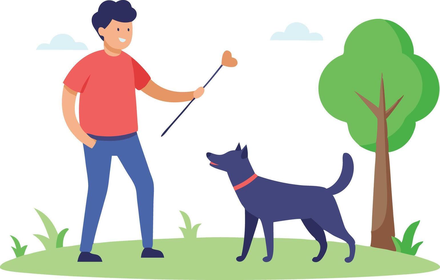 Cheerful Young Man Playing With His Loyal Dog in a Green Park on a Sunny Day vector