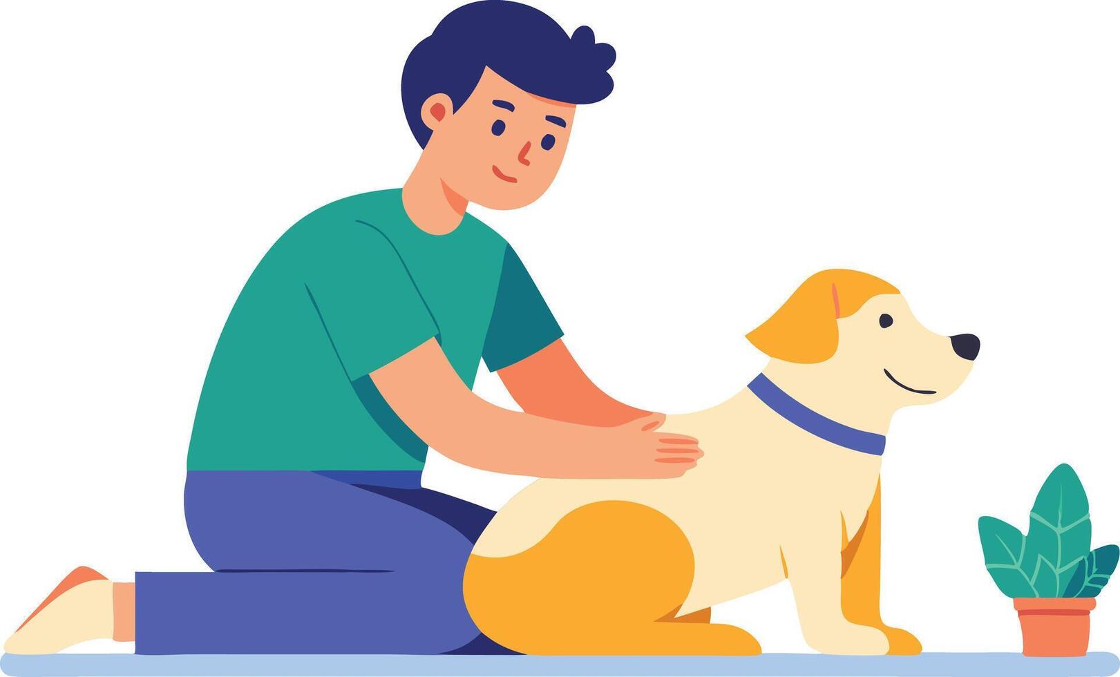 Young Man Crouching While Petting a Happy Dog Beside Potted Plant vector