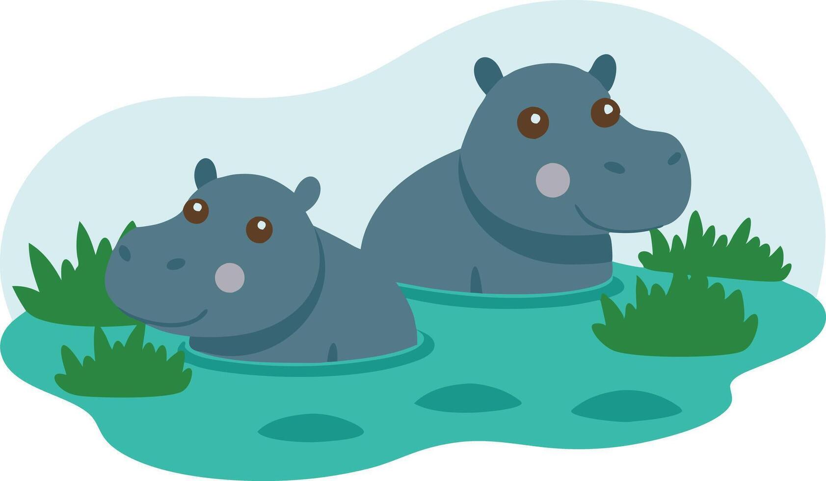 Two Playful Hippos Swimming Together in a Serene Water Habitat Surrounded by Lush Greenery vector