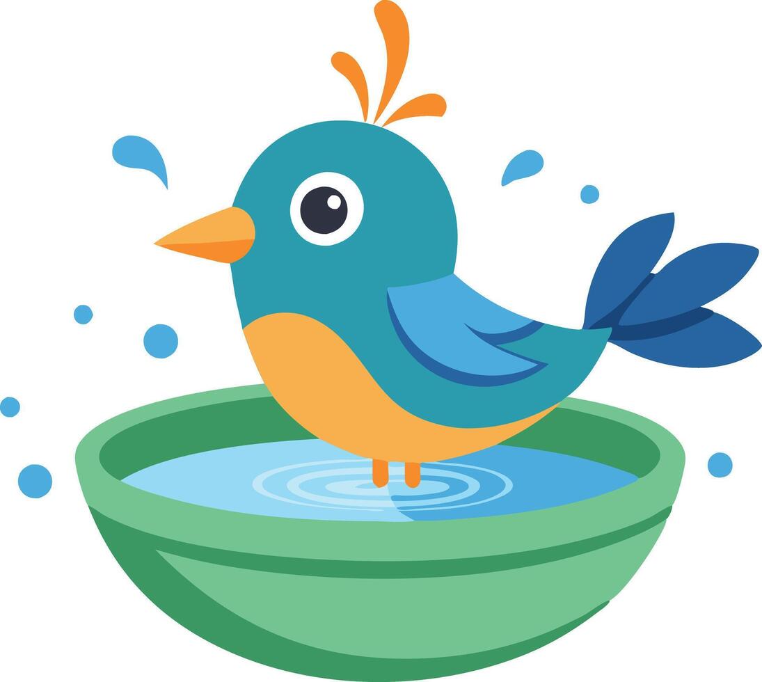 A Colorful Bird Splashing Water Joyfully in a Green Shallow Bowl vector