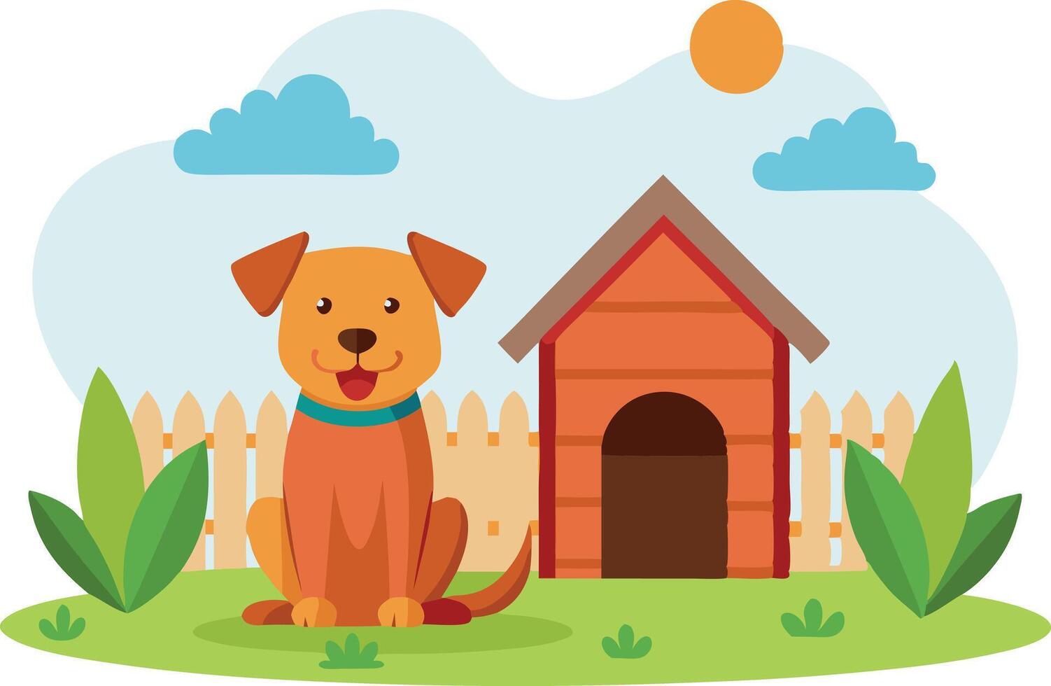 Playful Brown Dog Sitting Outside Its Cozy Doghouse on a Sunny Day in a Lush Green Garden vector