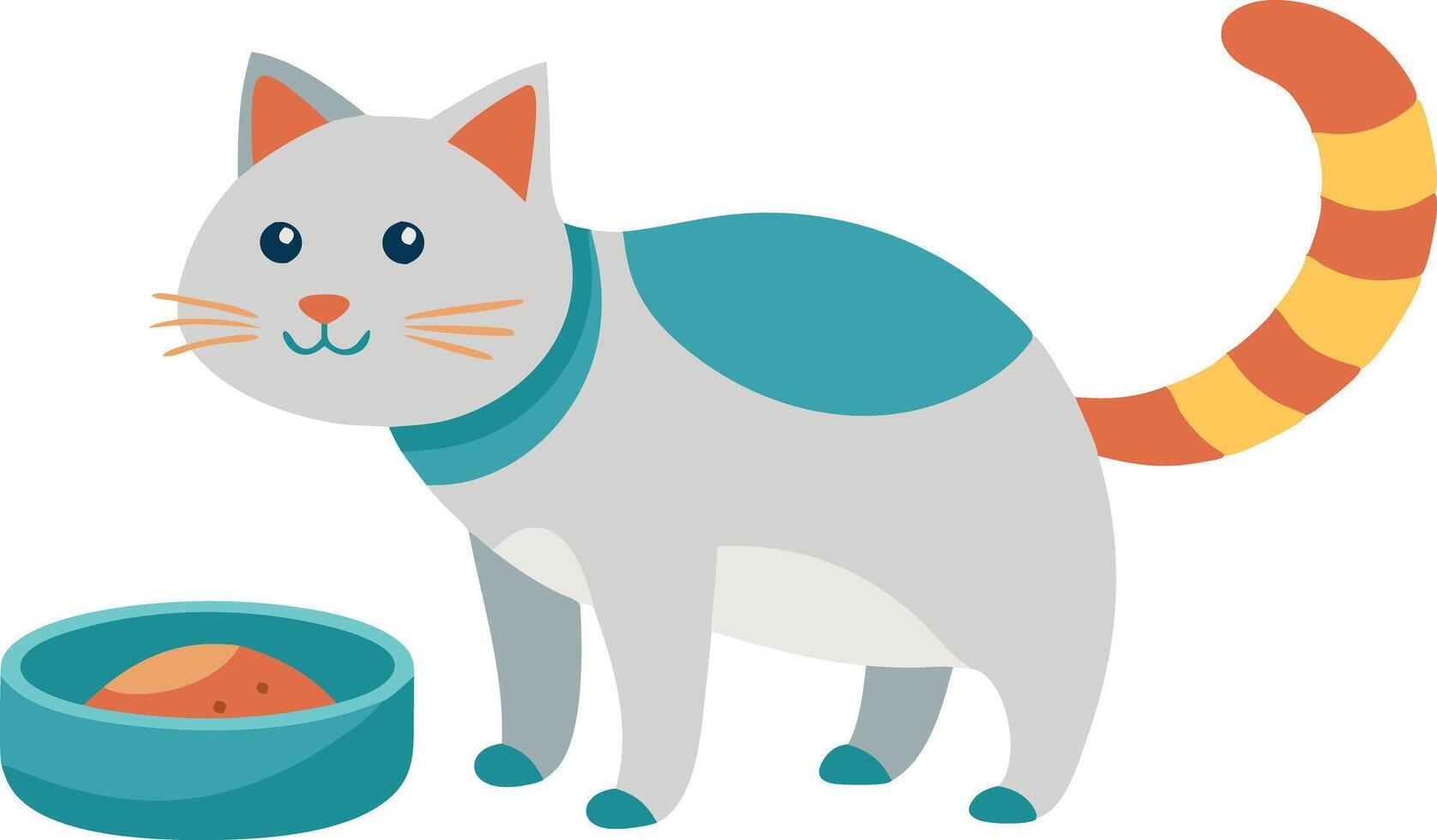 Playful Gray Cat Enjoying Dinner Time Next to Its Bowl vector