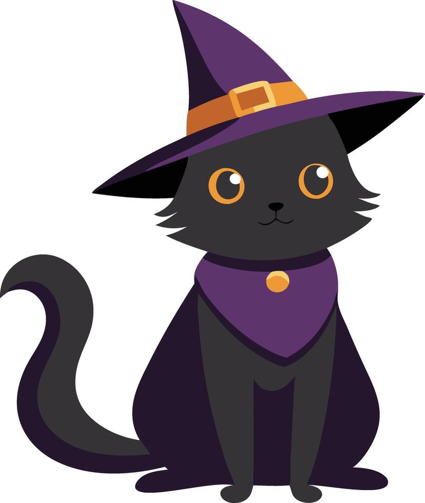 Cute Black Cat Wearing a Witch Hat and Scarf Ready for Halloween Festivities vector