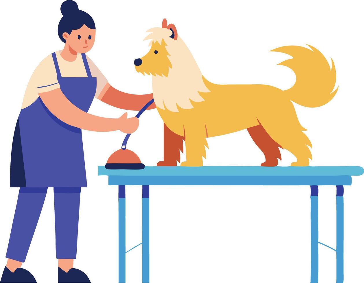 Dog Grooming Session Featuring a Stylist and a Golden Dog on a Table vector