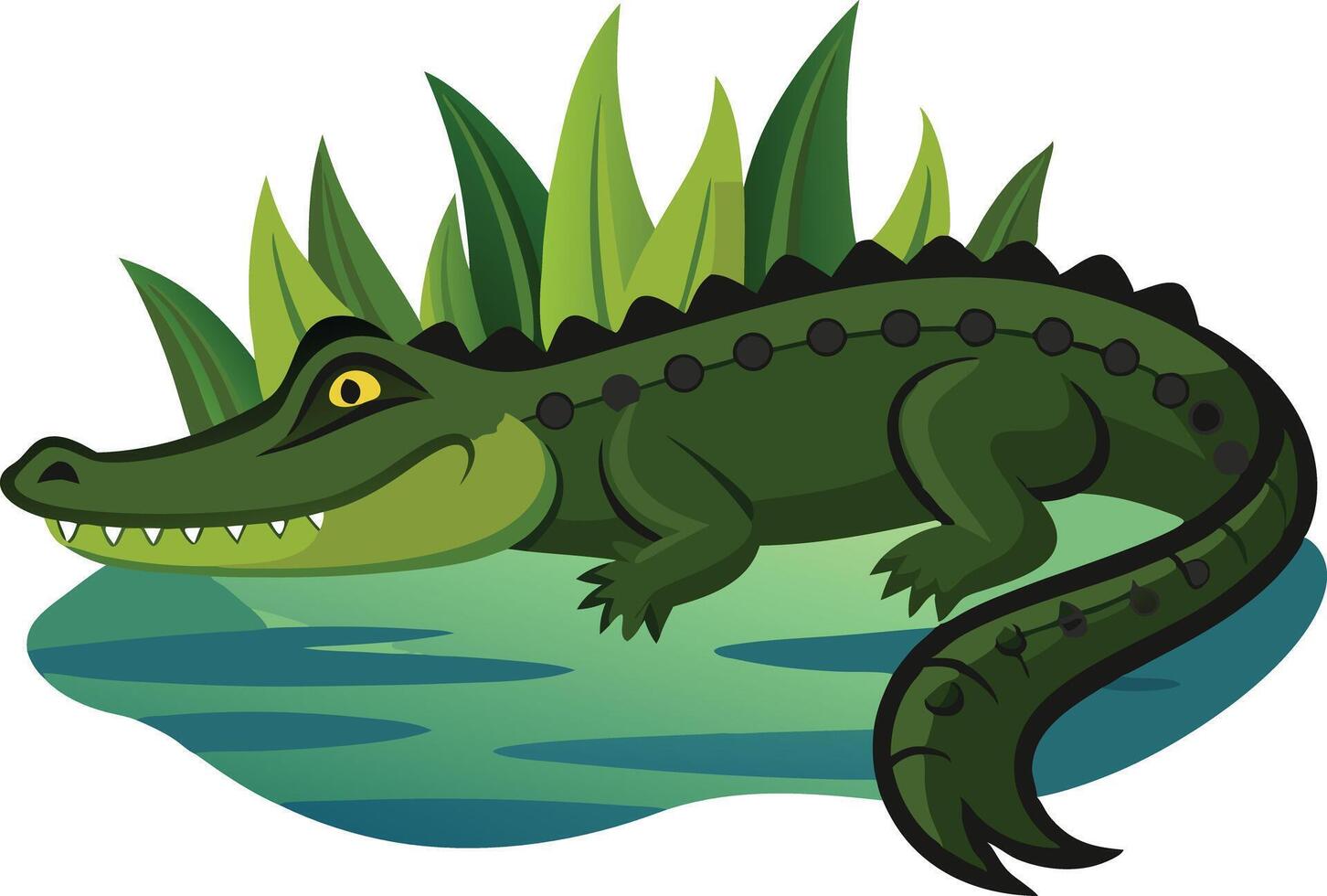 Cute Cartoon Crocodile Resting on the Water's Edge Surrounded by Lush Greenery vector