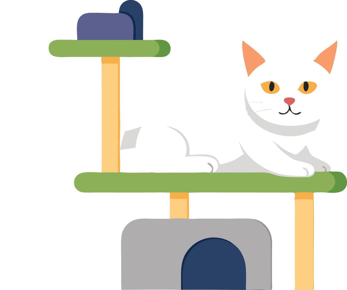 Cozy Cat Relaxing on a Modern Cat Tree Structure vector