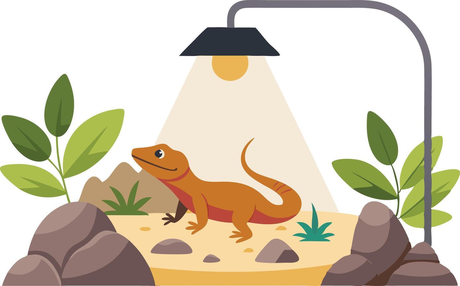 Cute Lizard Under Bright Heat Lamp in Rocky Pet Habitat Surrounded by Green Plants and Grass vector
