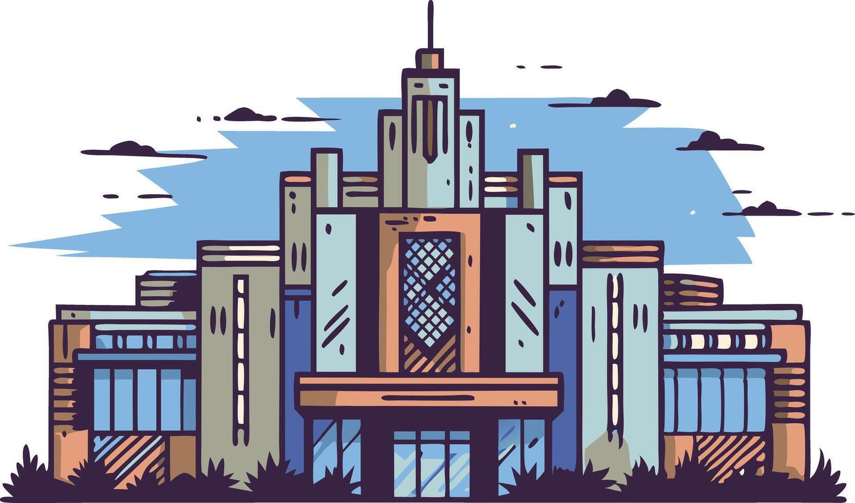 A illustration of a large, modern building with a tall tower in the center, The building has a blue and brown color scheme vector