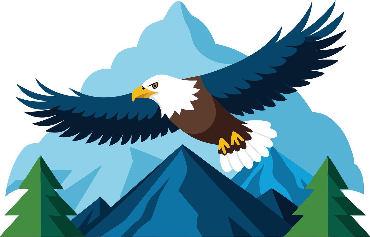 Majestic Eagle Soaring Over Mountains With Lush Green Pine Trees vector