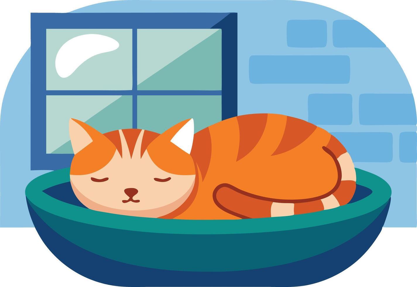Cozy Orange Cat Nestled Comfortably in a Bowl by a Window vector
