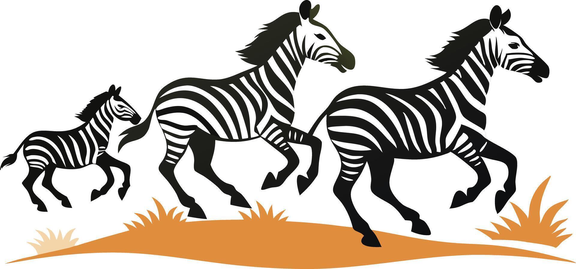 Three Striped Zebras Running Across a Grassland at Sunrise in a Dynamic Illustration vector