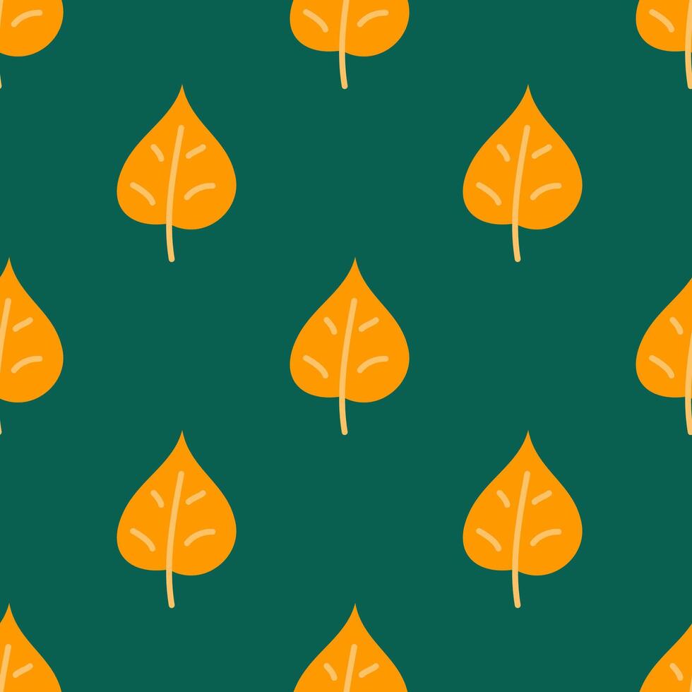 Seamless pattern of orange leaves on a green background. vector