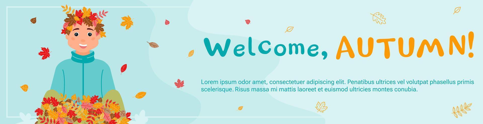Welcome, autumn A happy boy with a wreath of leaves on his head is sitting in a pile of colorful leaves. vector