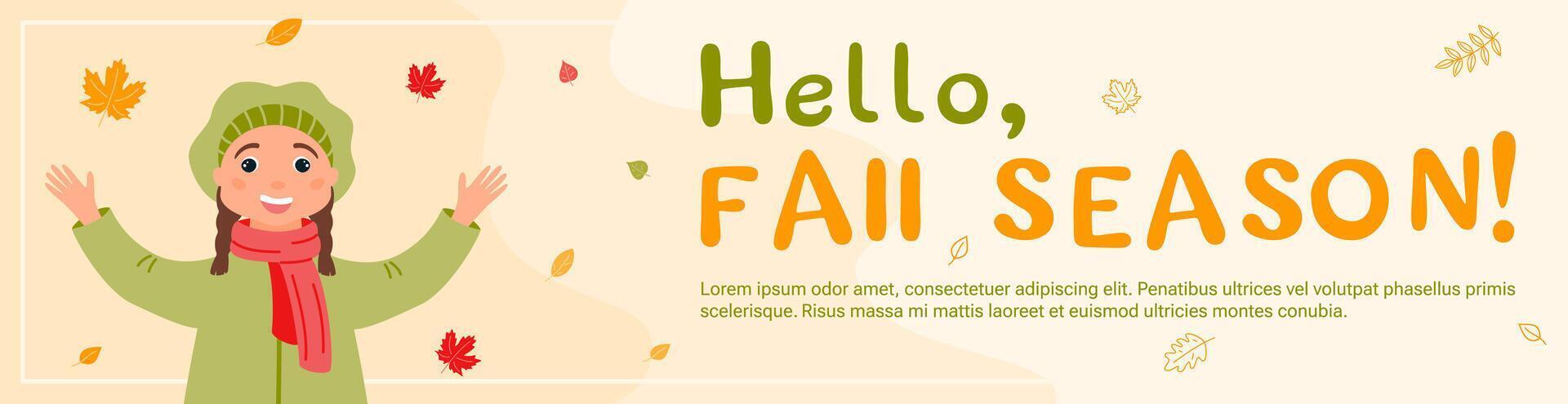 Hello, fall season A happy girl in autumn clothes catches falling colorful leaves. vector