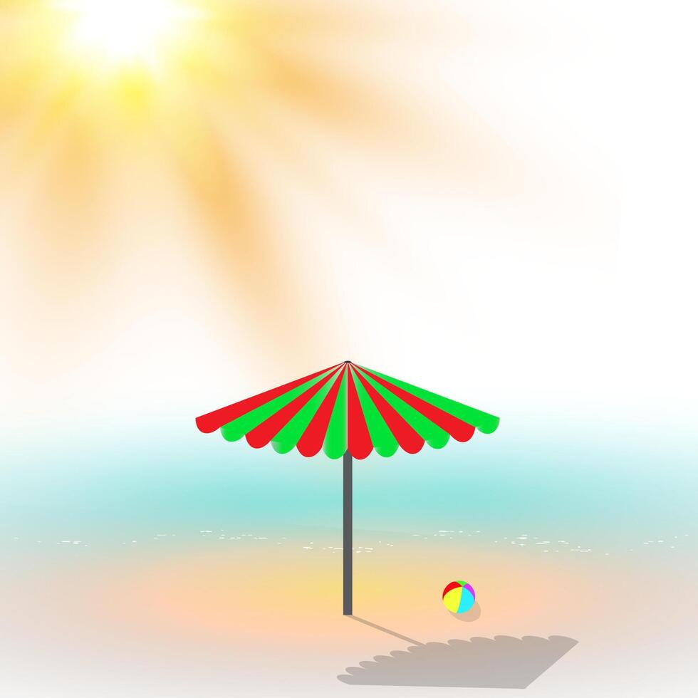 Landscape with beach umbrella and ball on the sand with blurry blue ocean and sun beams. Soft focus. vector