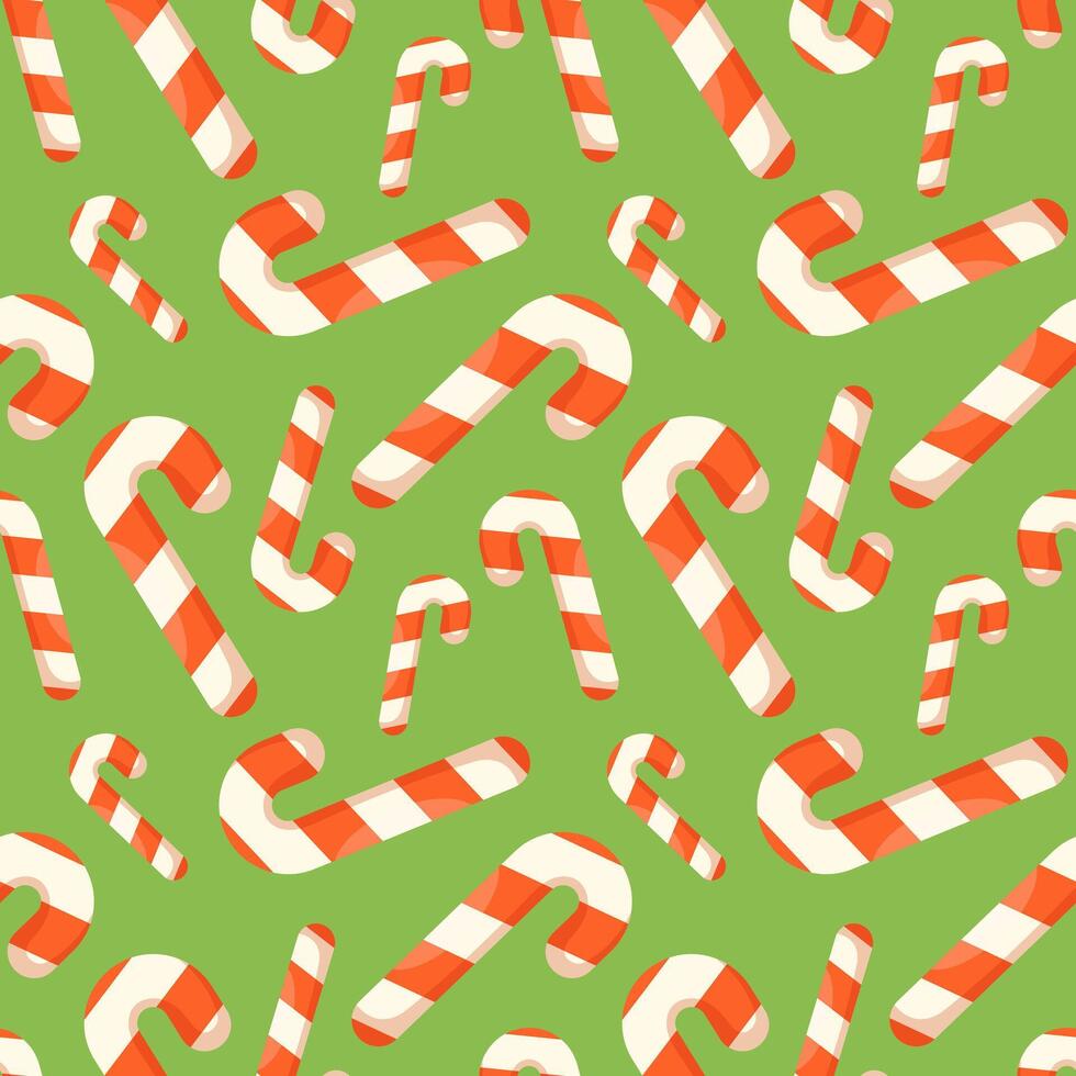 Traditional Christmas candy canes on green background seamless pattern vector