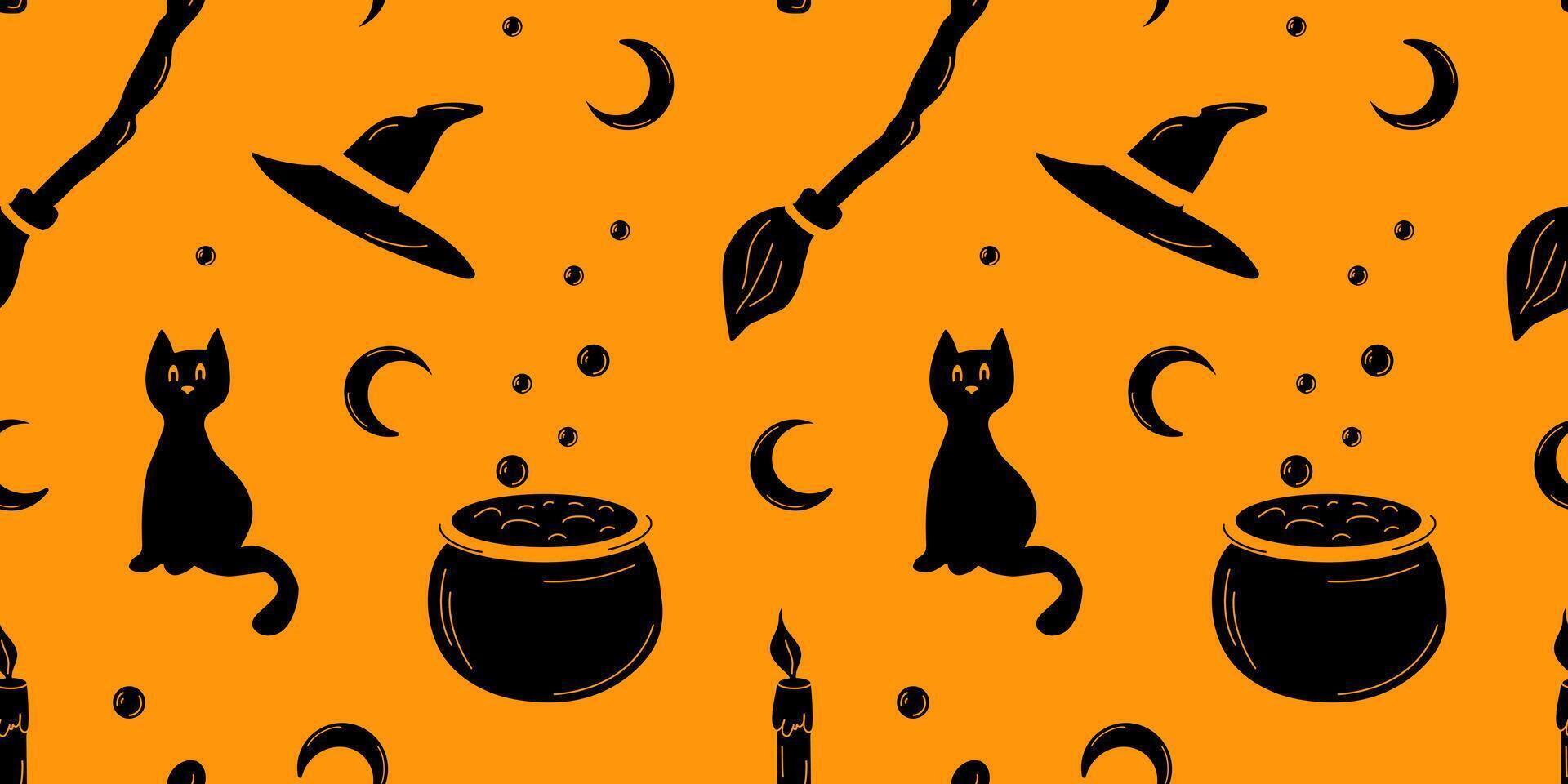 Seamless Halloween Pattern with Black Witch Elements on an Orange Background for Textile, Fabric, Wrapping Paper vector