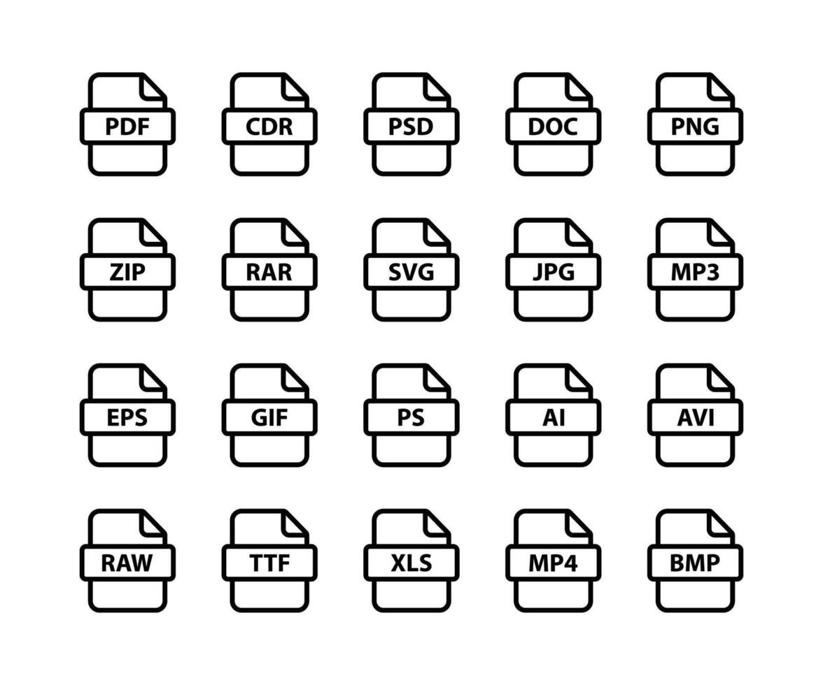 File type icon set. Files format and document icon in flat style design. Set of document file formats and label icons. vector