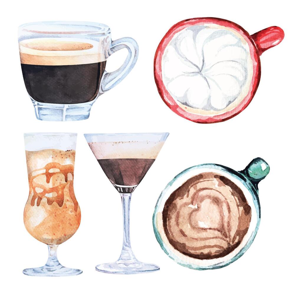 Coffee drawing with watercolor.Latte Art, cappuccino, chocolate, mocha, espresso.Drinks for cafes. vector