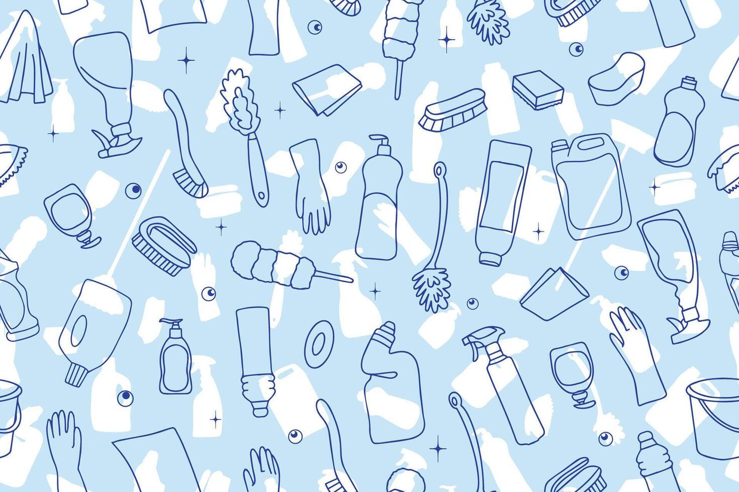 Seamless pattern of cleaning equipment. Cleaning line icons. A line of hand-drawn equipment, cleaning products and tools for cleaning windows and various surfaces. vector