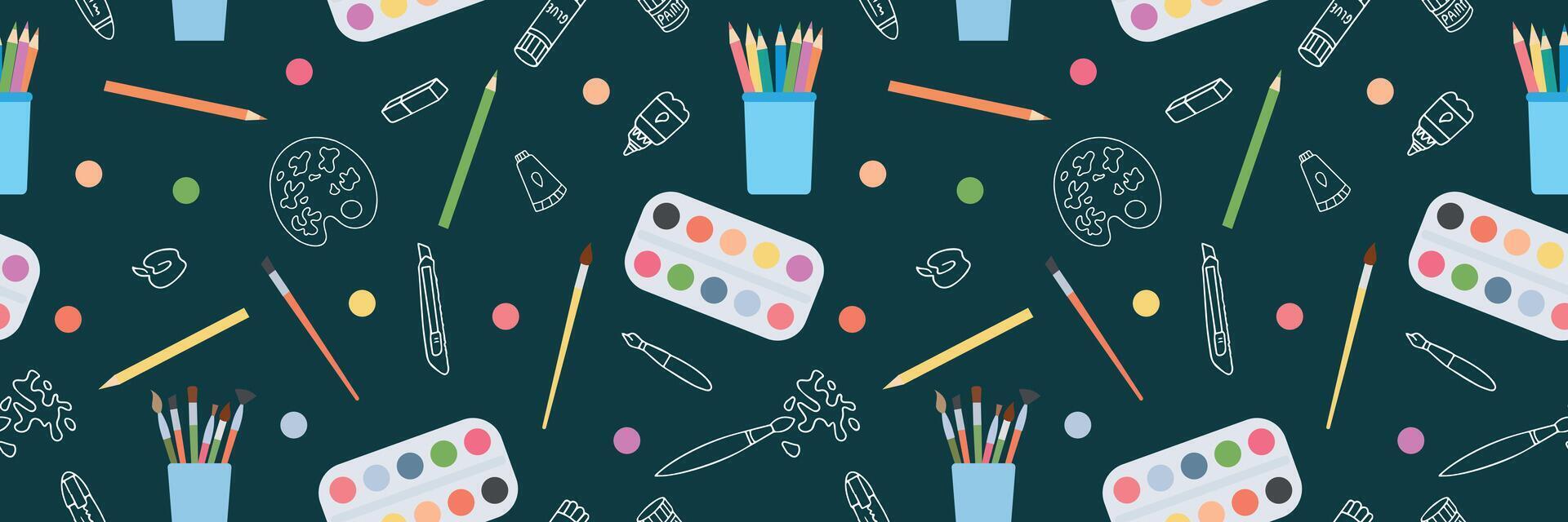 Seamless pattern with art and school supplies in flat and doodle style. . vector