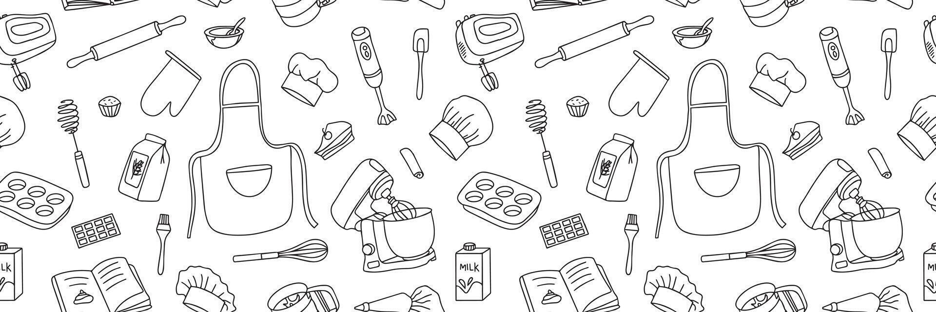 Seamless pattern of baking accessories. Kitchen utensils in doodle style. . illustration vector