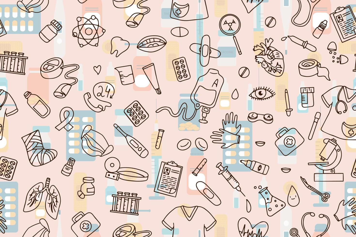 Seamless pattern of medical products, medicines, clothes, first aid kit in doodle style. illustration vector