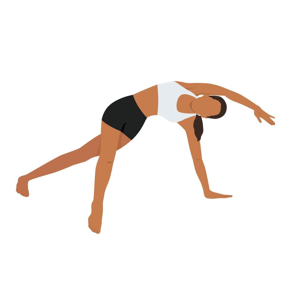 Young woman doing Side Plank Twist Arm Overhead or Vasisthasana Twist Arm Overhead. vector