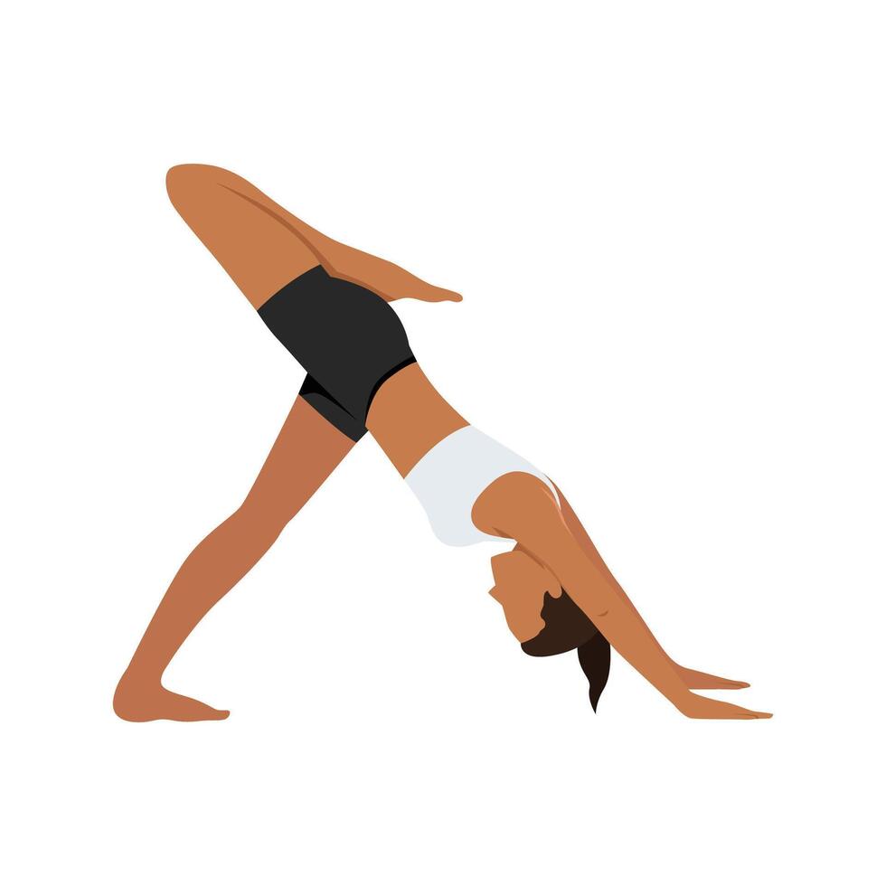 Young woman doing Three Legged Downward Facing Dog Pose Variation or Tri Pada Adho Mukha Svanasana Variation Stacked. vector
