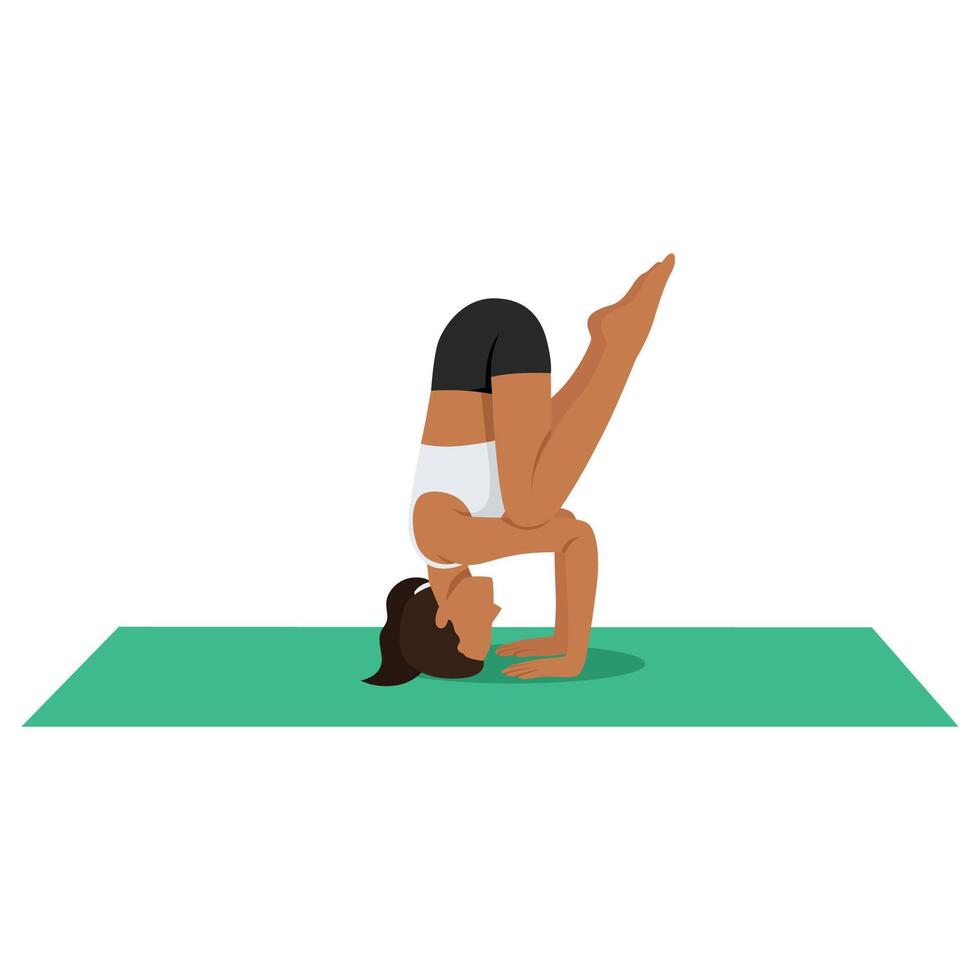 Young woman doing Tripod Headstand Prep Knees On Elbow or Catur Svanasana Sirsasana Janu Kurpara. vector