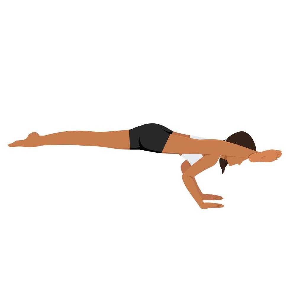 Young woman doing Twisted One Legged Arm Balance Pose II, Flying Splits Pose, Hurdlers Pose or Eka Pada Koundinyasana II. vector