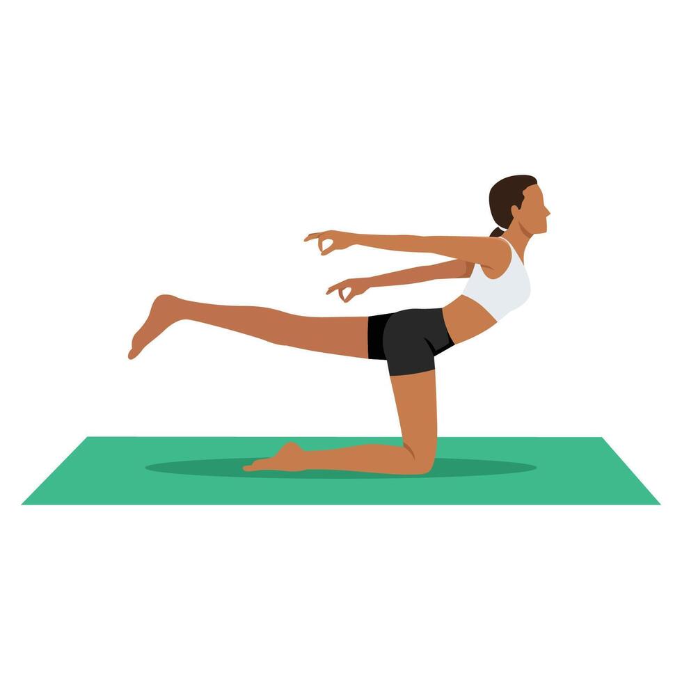 Young woman doing Balancing Cow Pose or Balancing Bitilasana yoga exercise. vector