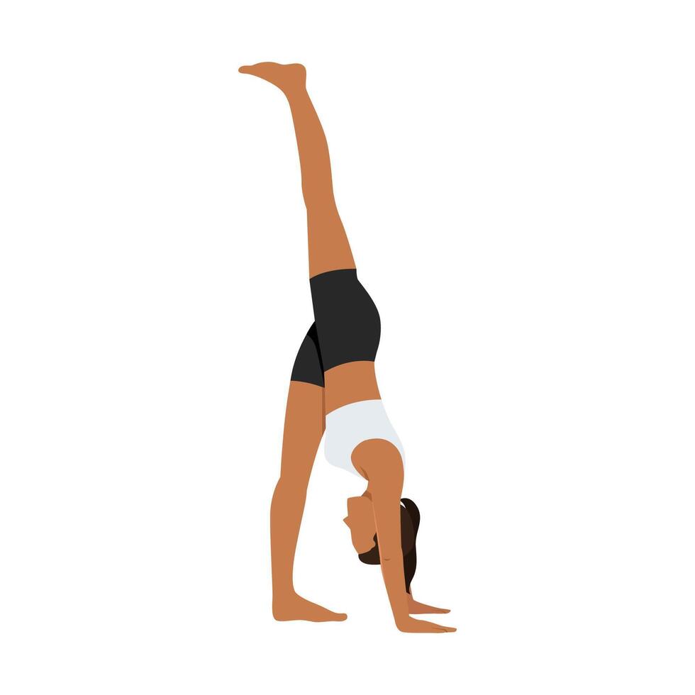Young woman doing Standing Split Pose, One Legged Extended Forward Bend yoga exercise. vector