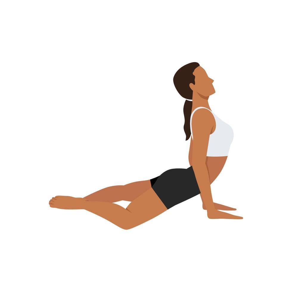Young woman doing Frog Cobra Pose or Bheka Bhujangasana yoga exercise. vector