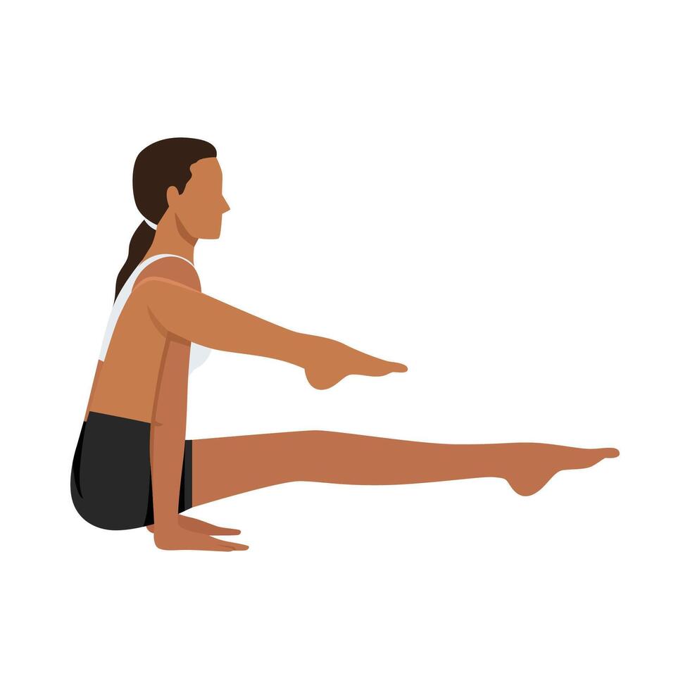 Young woman doing One-Legged Insect Pose, Elephant Trunk Leg Over Shoulder Pose or Eka Pada Bhujapidasana. vector