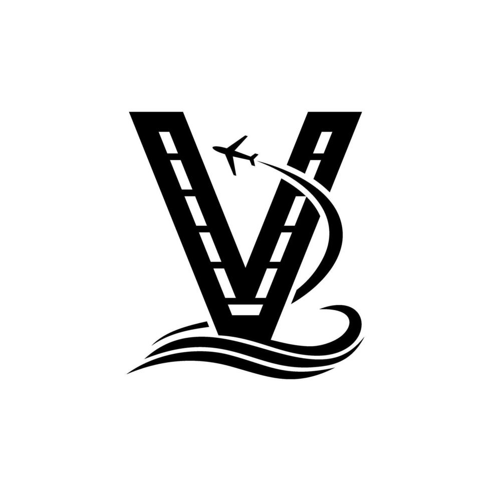 a black and white logo with the letter v and an airplane flying over it vector