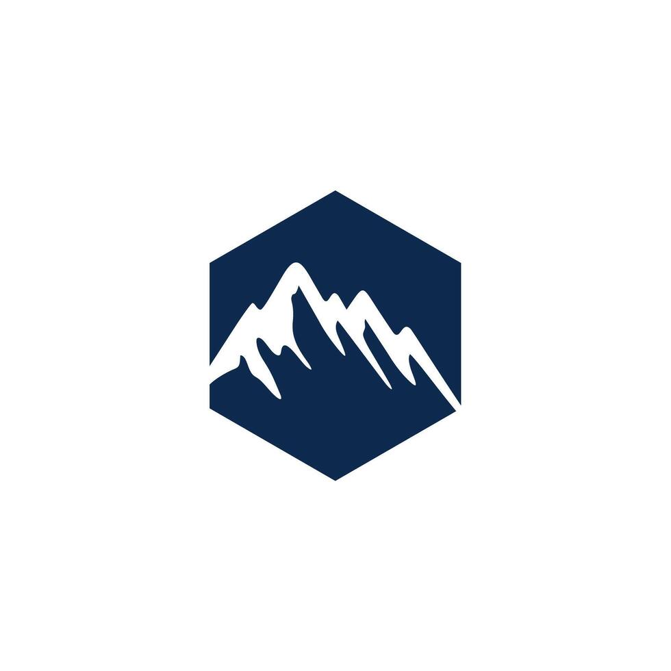 a mountain logo with a blue hexagon vector