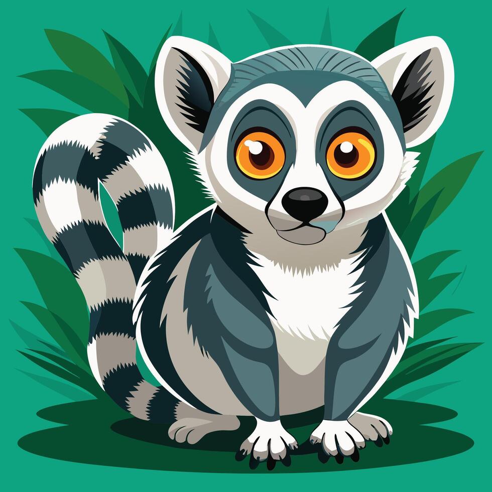 Illustration of Lemur standing on leafs and green background vector