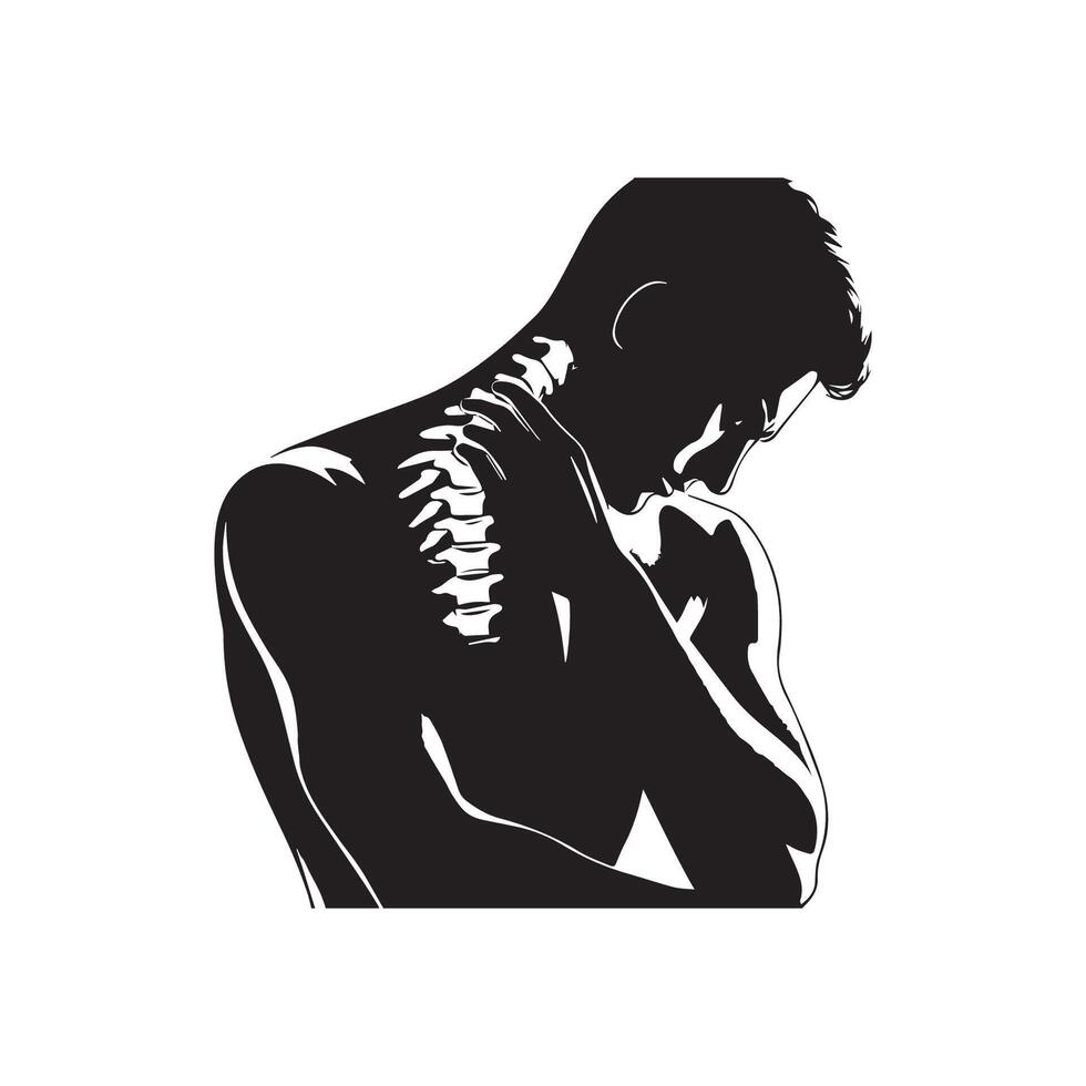 Man in neck pain black and white silhouette. Medical concept . vector