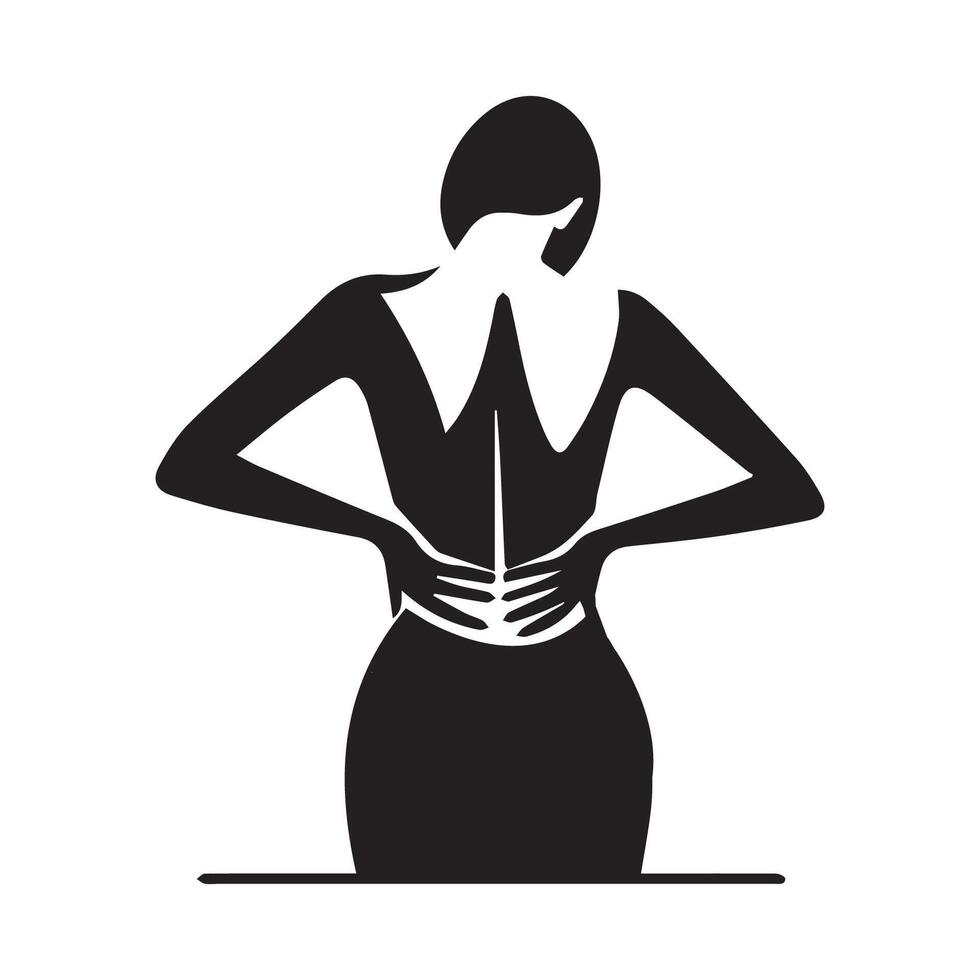 Black and white silhouette of woman in low back pain . vector