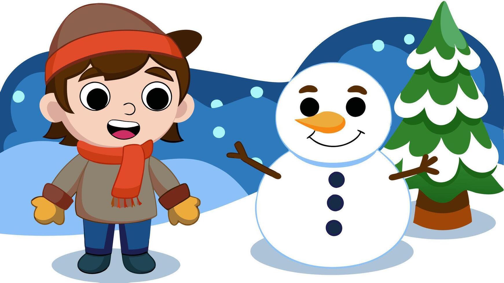 Weather conditions snowy day with a child building a snowman outdoors vector