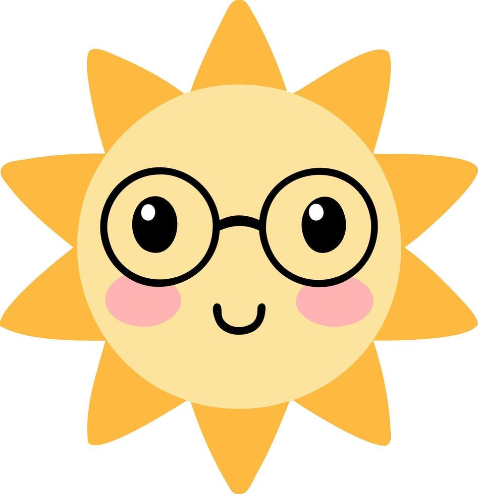 Cute suns, Sunshine emoji with round black glasses and blushing cheeks vector