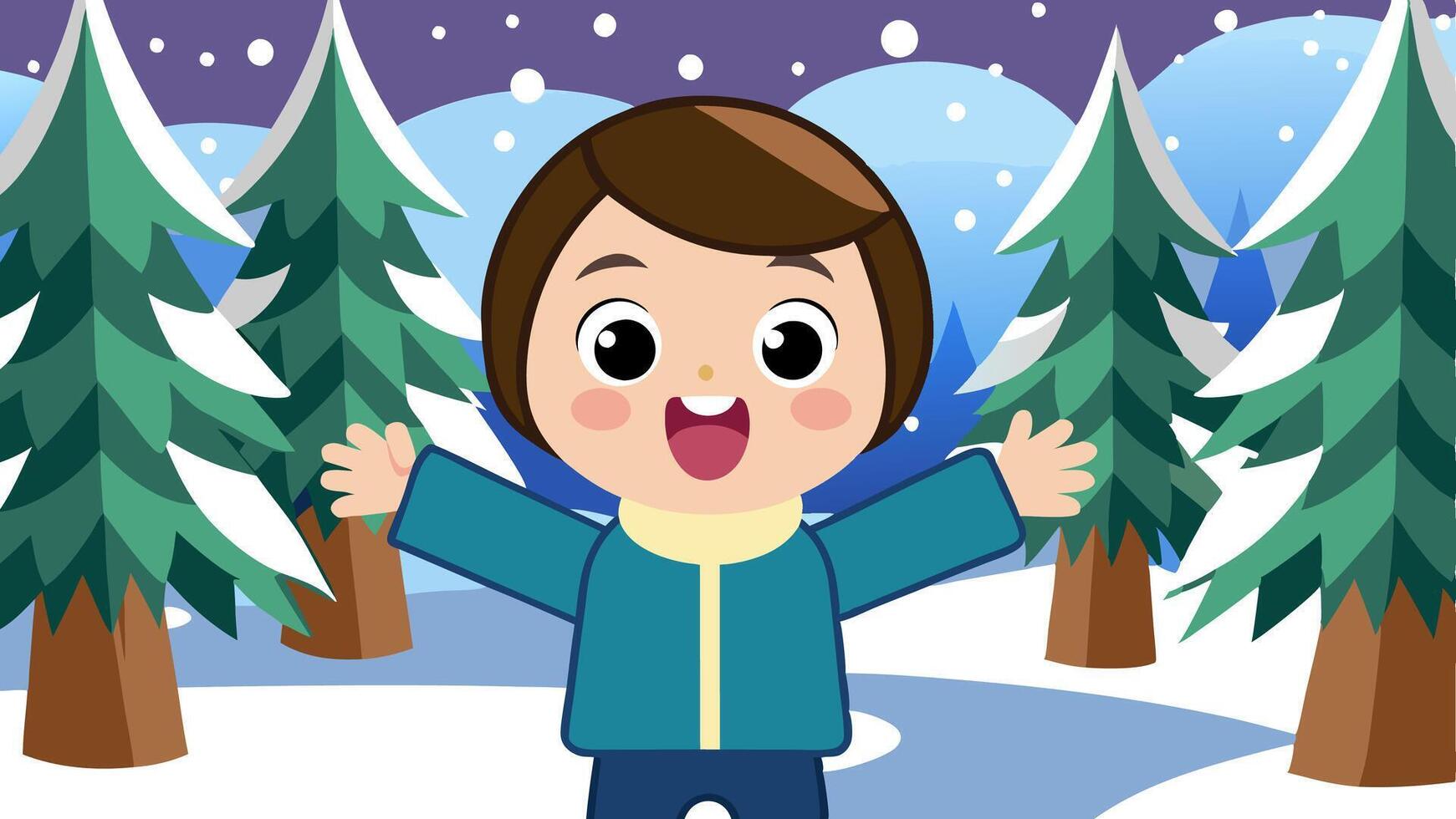 Child in a snowy forest with arms wide open vector