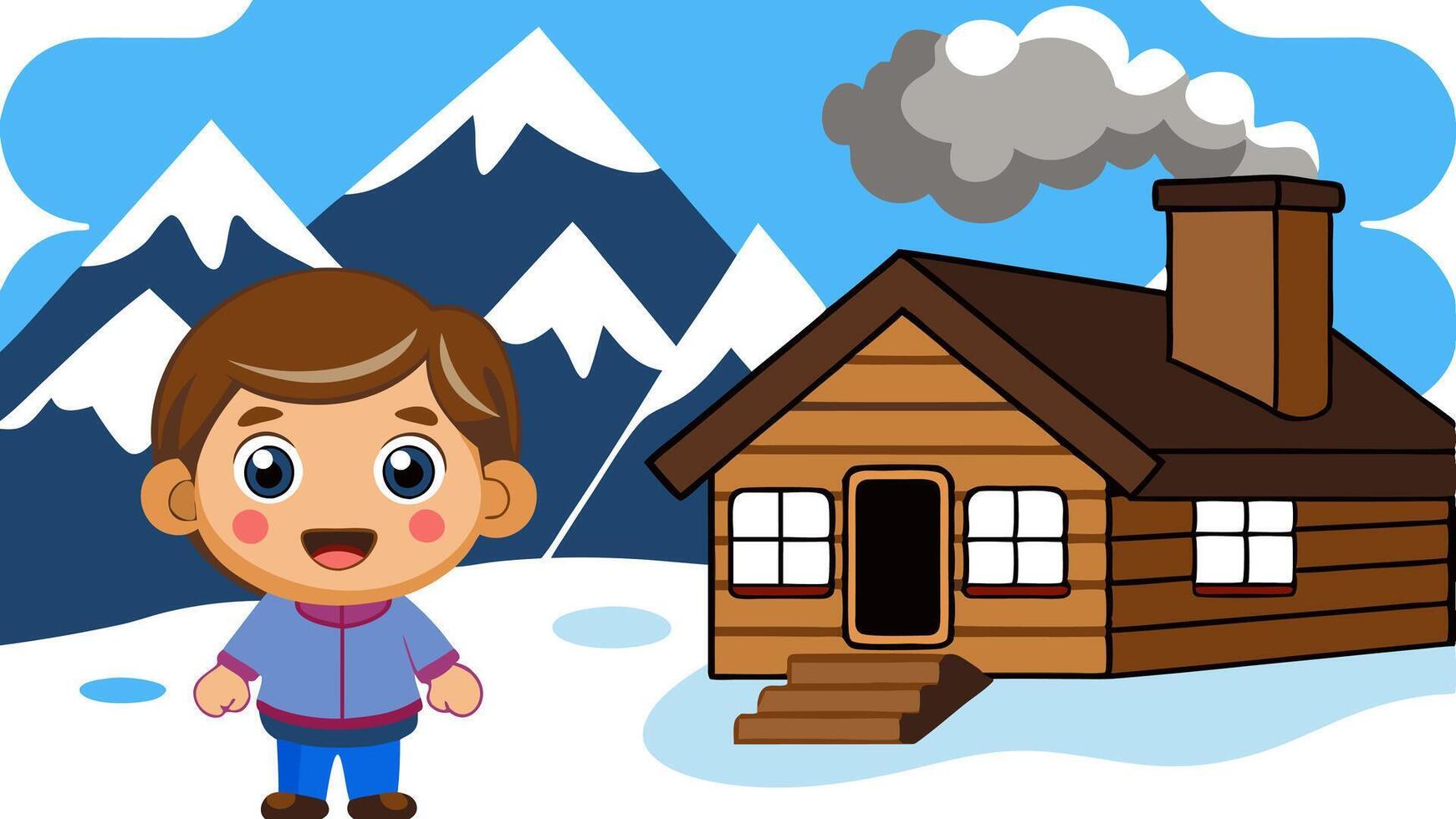 Weather conditions snowy day with a child standing outside a cozy cabin vector